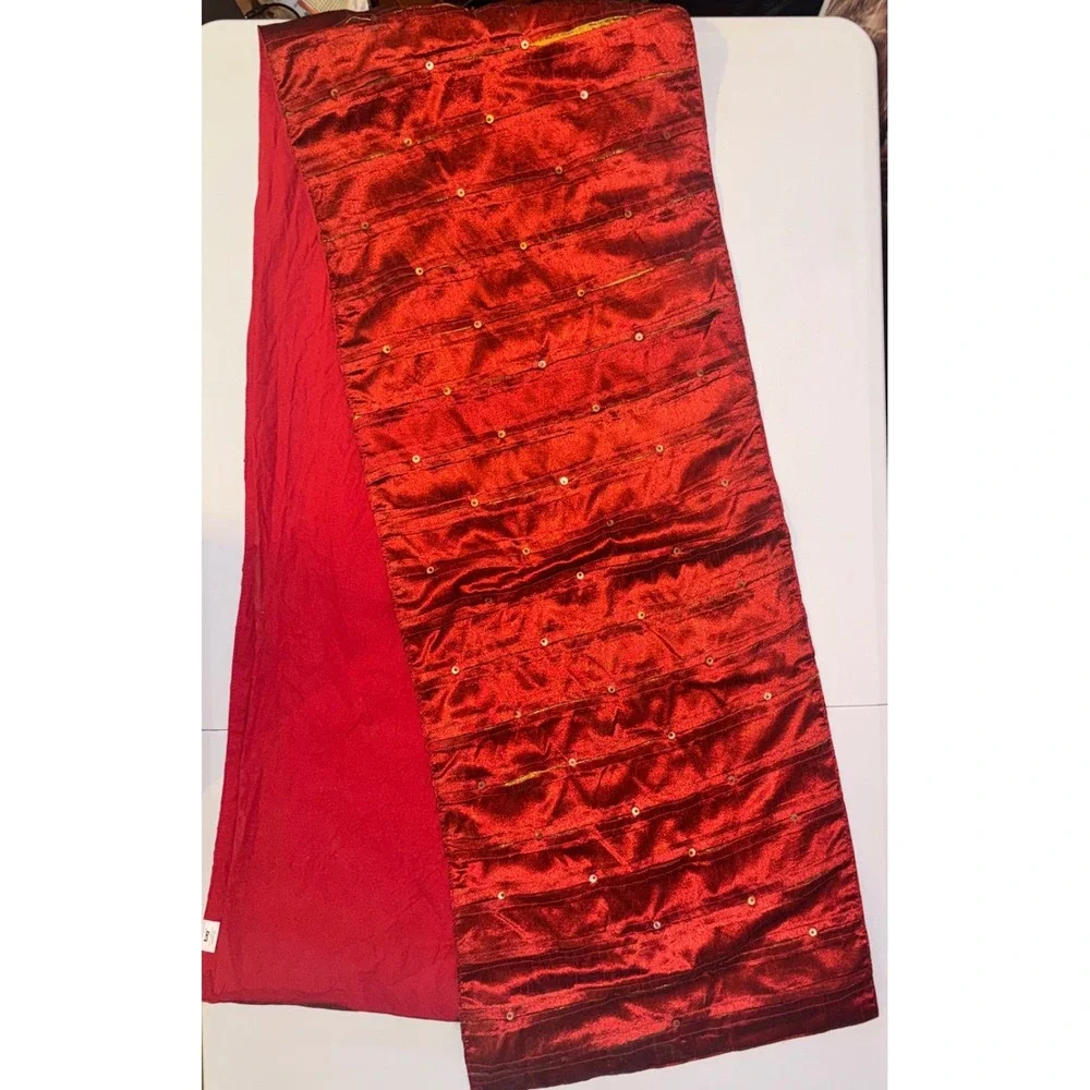 Pintuck Sequin Table Runner Red Gold 14x72 Holiday Glam Decor Peak a Boo Silk